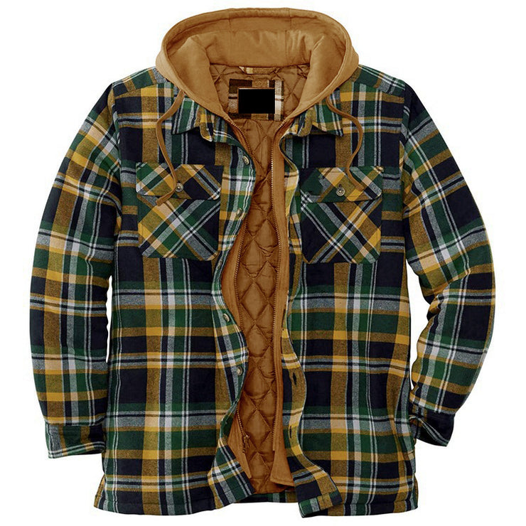 New York Retro Plaid Hooded Flannel Padded Jacket, Zip Up Heavyweight Thermal Lined Button Down Varsity Jacket Plus Size 5XL loveyourmom Love Your Mom Green 3XL 