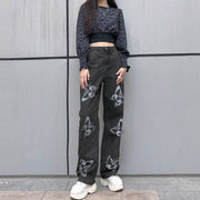 Cute Printed Butterfly Vintage Denim Jeans, Distressed Loose Pants Gothic Grunge Dark Trousers Street Style Straight loveyourmom Love Your Mom Grey L 