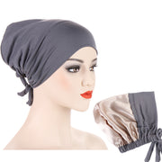 Satin Hijab Cap Full Cover Inner Jersey Hat Islamic Head Wear Stretch Turban Underscarf Bonnet Straps Headband Female loveyourmom Love Your Mom Dark Gray  