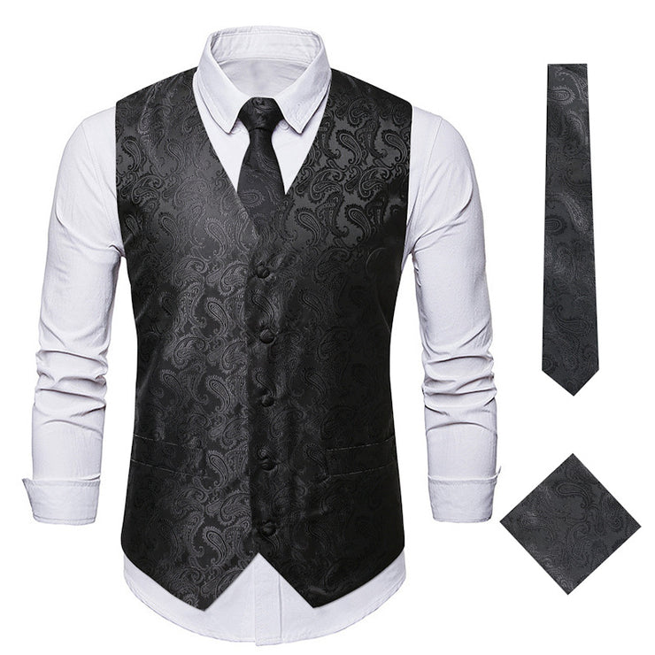 Men's 3Pc Paisley Waistcoat Set with Necktie Pocket Square | Victorian Steampunk Embroidered Vest | Formal Business Attire loveyourmom Love Your Mom Black 2XL 