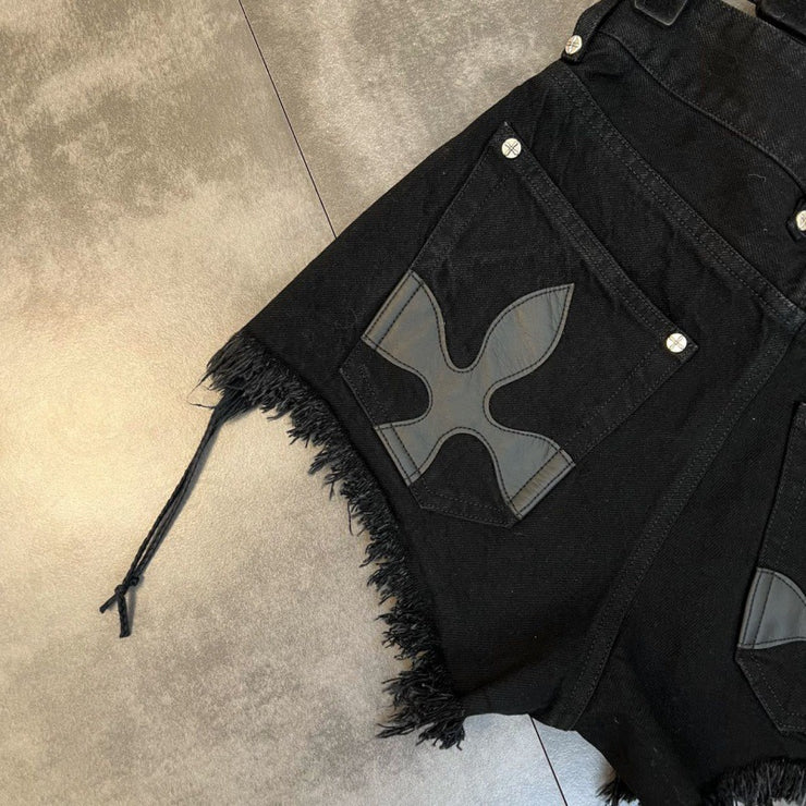 Black Shorts Grunge Opiumcore Shorts, Ripped With Crosses Gothic Style Rave Punk Goth Witch Vintage Short Denim Techno Y2K Clothes Clothing Aesthetic Designed 1 1   