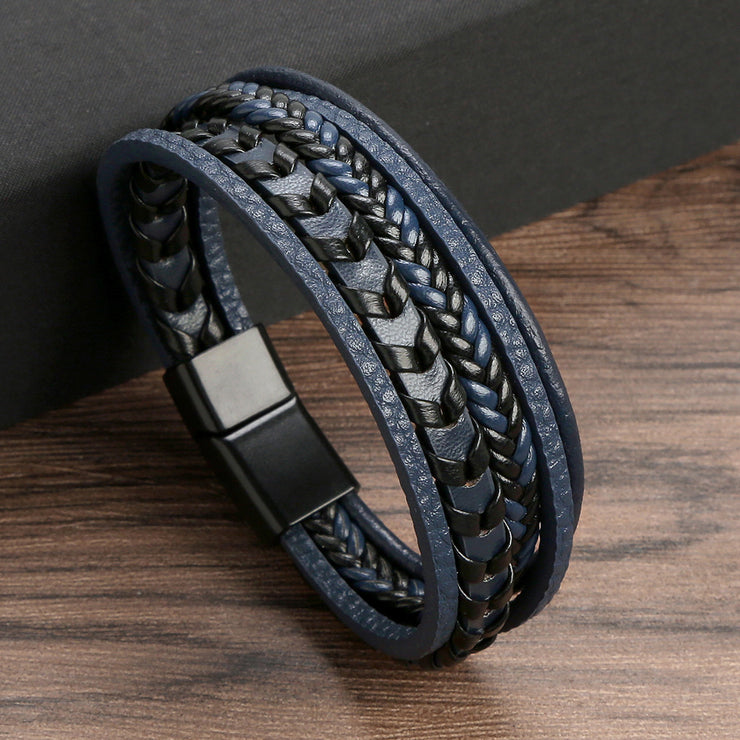 Mens Vintage Cowhide Braided Multilayer Leather Bracelet with Stainless Steel Magnetic Clasp,Leather Rope Woven Bracelet 1 1 Ink Blue 19cm  