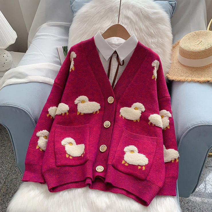 Cute Women Sheep Knit Kawaii Cardigan With Cute Fuzzy Appliqued Lamb Oversize, V-Neck Button Up Sweaters School Girl Hipster Outfit 1 1 Red One size 