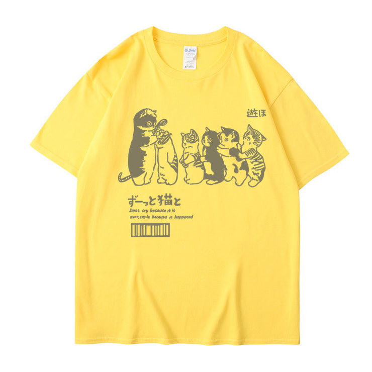 Japanese Cartoon Cat Shower Street Unisex Oversized T-Shirt, Cute Hip Hop Street tee Casual Cotton Summer Short Sleeveה 1 1 Yellow L 