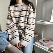 Berlin Striped  Women Sweater, Cool Striped Vintage Loose Round Neck Knitted Pullover Fall Winter Korean Style loveyourmom Love Your Mom Apricot Free Size 