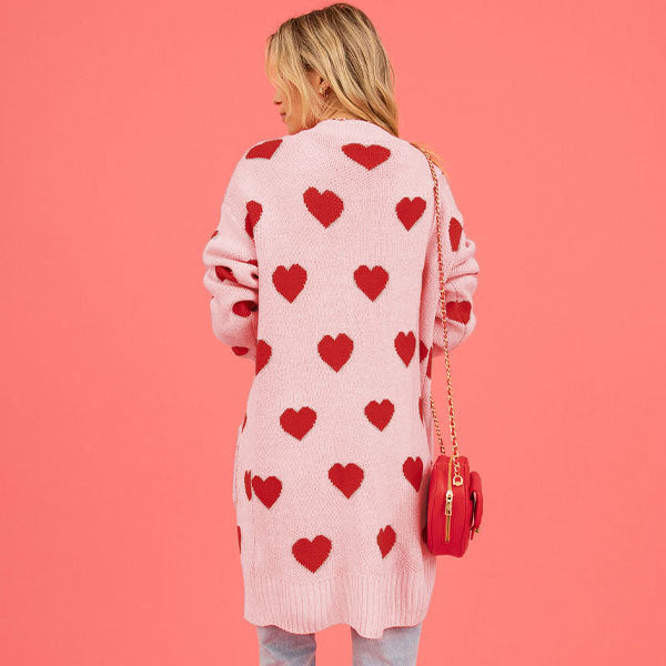 Boho Heart Print Maxi Cardigan | Pink Knit Sweater Coat, Oversized Fit, Women's Fall Winter loveyourmom Love Your Mom   
