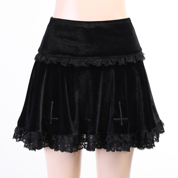 Gothic Punk Skirts Goth Embroidery Suede Black Lace Patchwork Punk Skirt High Waist Y2K Ruffle Short Mini Skirts 1 1   
