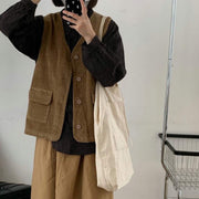 Corduroy Button-Up Vest / Japanese Light & Dark Academia Clothing for Women, Retro Pockets Loose Horse Jacket Undershirt 1 1 Coffee 2XL 