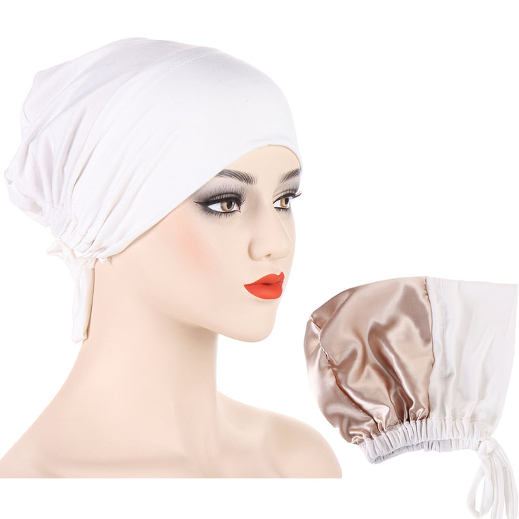 Satin Hijab Cap Full Cover Inner Jersey Hat Islamic Head Wear Stretch Turban Underscarf Bonnet Straps Headband Female loveyourmom Love Your Mom White  