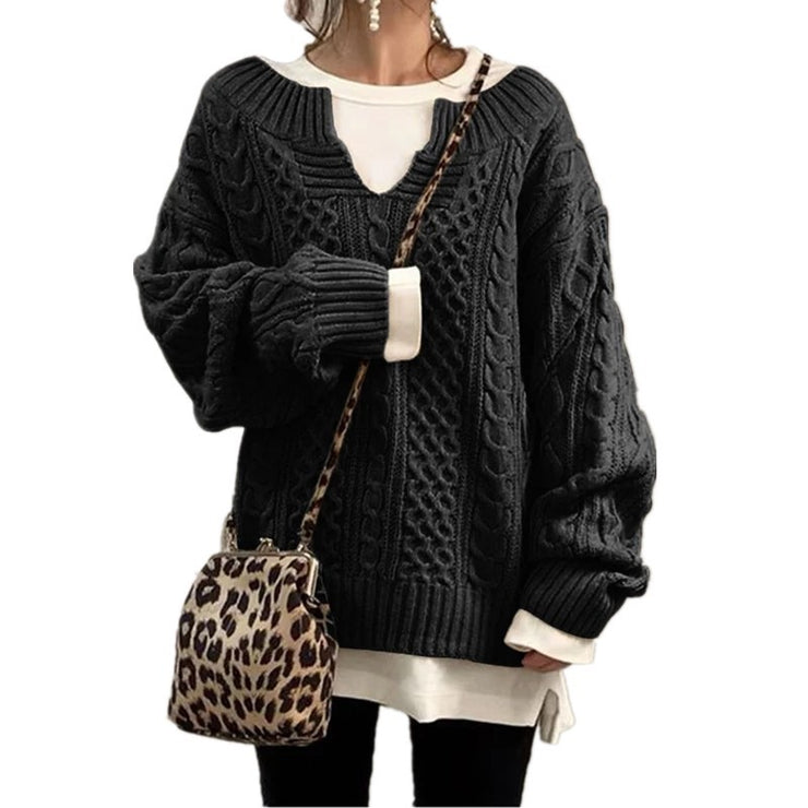 Paris Retro Cable Knit Sweater for Women V Neck Loose Casual Pullover Solid Color Fashion Jumper Tops Long Sleeve Comfort Soft Sweaters loveyourmom Love Your Mom Black 2XL 