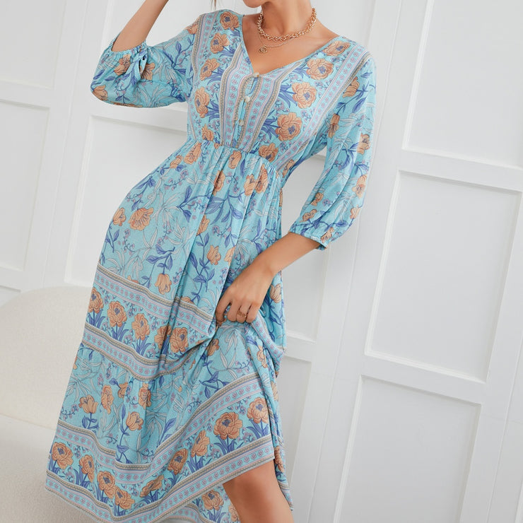 London Women's Floral Summer Dress A-Line Swing Casual Beach Dress V Neck Boho mid-Long Sleeves Dresses loveyourmom Love Your Mom   