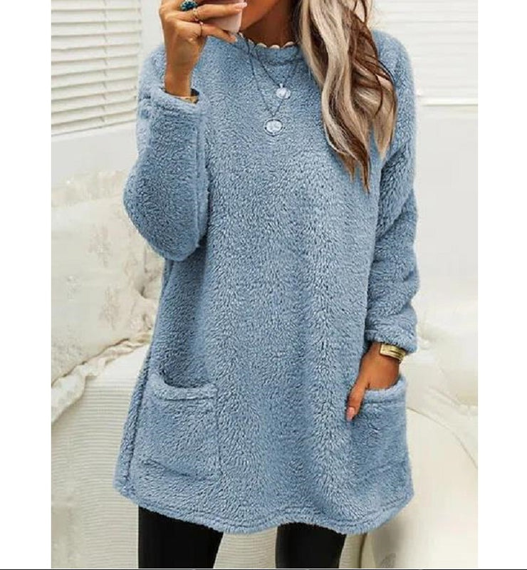 Women's Fleece Pullover Long Sweater With Pockets Winter Warm Casual Long Sleeve Plush Tops loveyourmom Love Your Mom Light Blue L 