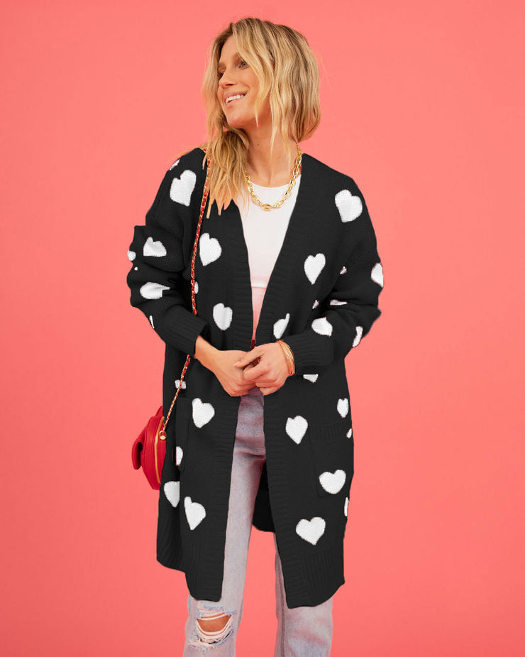 Boho Heart Print Maxi Cardigan | Pink Knit Sweater Coat, Oversized Fit, Women's Fall Winter loveyourmom Love Your Mom Black L 