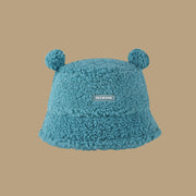 Cute Bear Furry Bucket Women Warm Winter Hat, Tokyo Winter Thermal Faux Lamb Plush 1 Love Your Mom Blue  