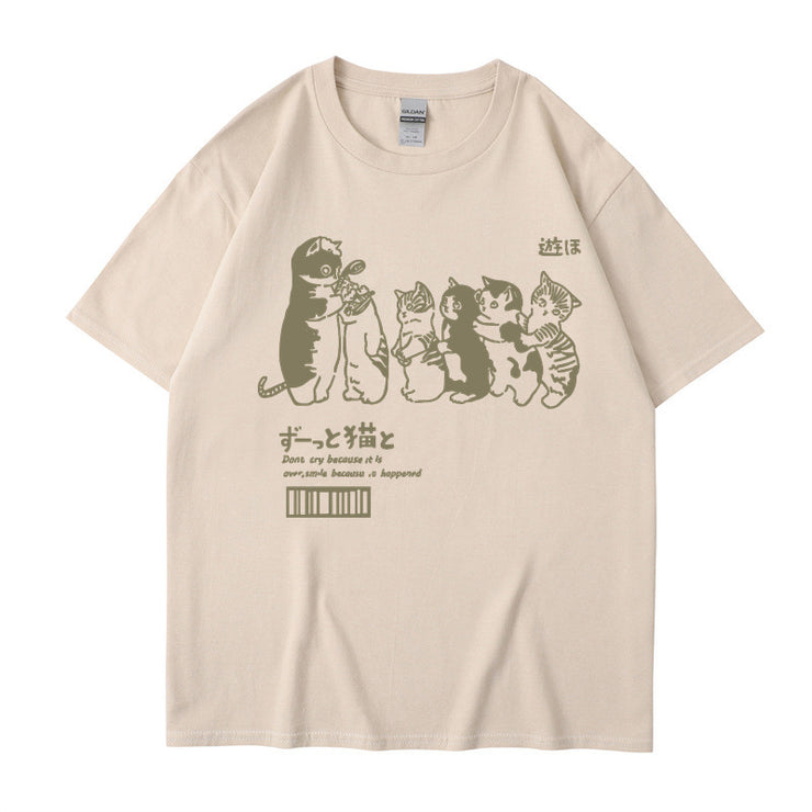 Japanese Cartoon Cat Shower Street Unisex Oversized T-Shirt, Cute Hip Hop Street tee Casual Cotton Summer Short Sleeveה 1 1 Khaki L 