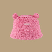 Cute Bear Furry Bucket Women Warm Winter Hat, Tokyo Winter Thermal Faux Lamb Plush 1 Love Your Mom Pink  