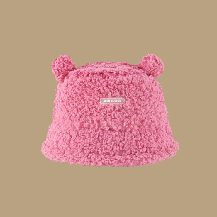 Cute Bear Furry Bucket Women Warm Winter Hat, Tokyo Winter Thermal Faux Lamb Plush 1 Love Your Mom Pink  