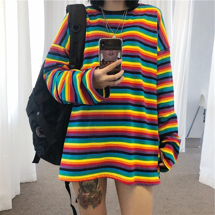 Rainbow Stripes Shirt Women, Loose Fit Long Sleeve tshirt, Oversized Aesthetic Streetwear Shirt, Stylish Modern Shirt for Girls, Gifts for Her 1 1 Rainbow L 