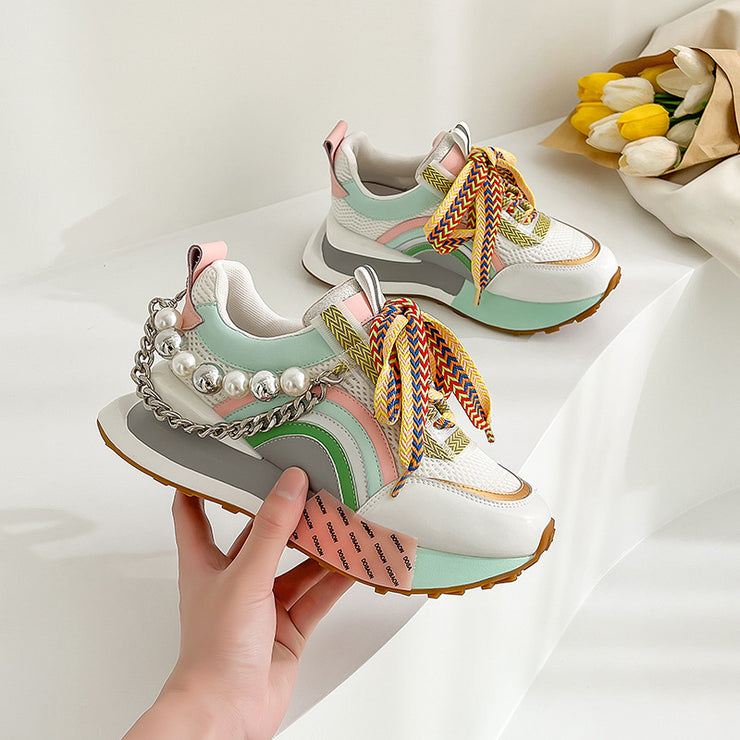 Pearl Chunky Sneakers - 2024 Color-Clash Eclectic Sneakers with Pearlescent Accents - Bold Streetwear Statement Shoes loveyourmom Love Your Mom White green 35 