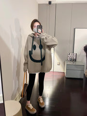 Cute Oversized Smiley Face Hooded Sweater, Festival Outdoor Warm Oversized Top loveyourmom Love Your Mom Beige Average Size 