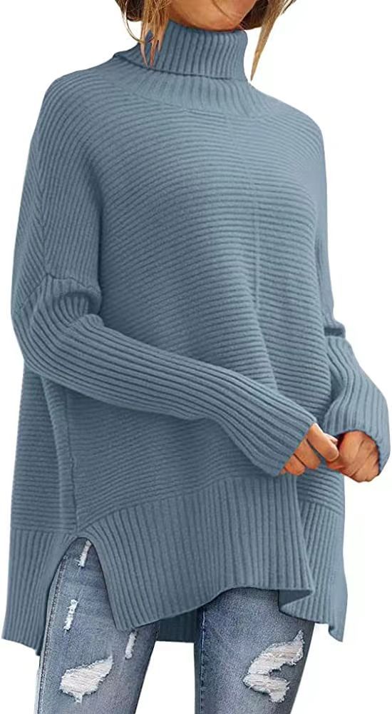 Cozy Women's Oversized Turtleneck Sweater, Fall Batwing Sleeve Ribbed Tunic Sweater loveyourmom Love Your Mom Sea Blue L 