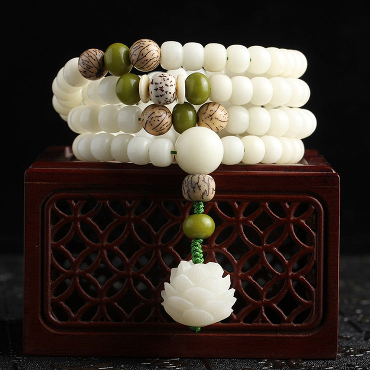 Buddha Stones White Lotus Bracelet, Natural White Bodhi Seed Luck Bracelet - Buddhists Gift loveyourmom Love Your Mom 6x8mm  