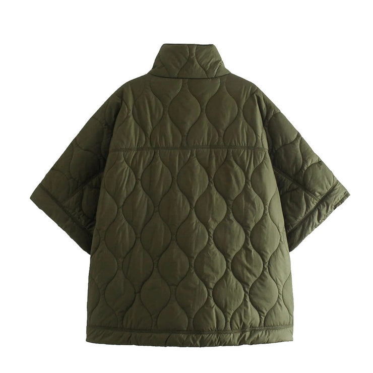 Berlin Quilted Argyle Coat Cape | Rainproof Autumn Spring Jacket Olive Green Casual Padded Parka | Oversize Turtleneck Coat - frühlingsoutfit damen 2024 übergangsjacke loveyourmom Love Your Mom   