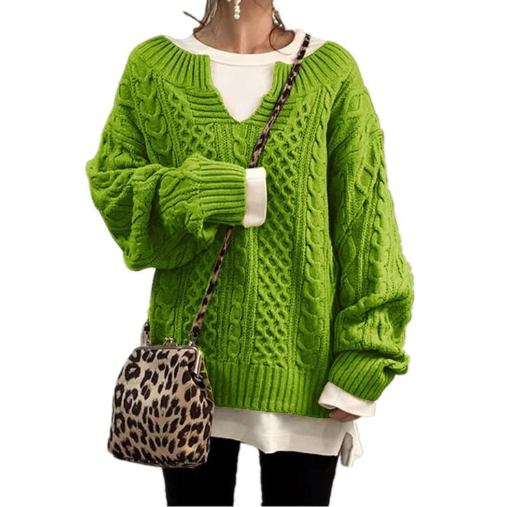 Paris Retro Cable Knit Sweater for Women V Neck Loose Casual Pullover Solid Color Fashion Jumper Tops Long Sleeve Comfort Soft Sweaters loveyourmom Love Your Mom Green 2XL 
