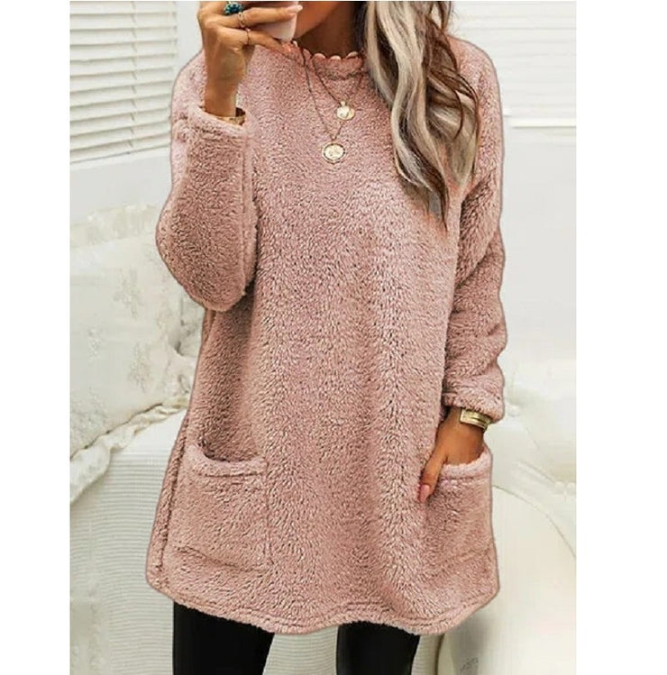 Women's Fleece Pullover Long Sweater With Pockets Winter Warm Casual Long Sleeve Plush Tops loveyourmom Love Your Mom Pink L 