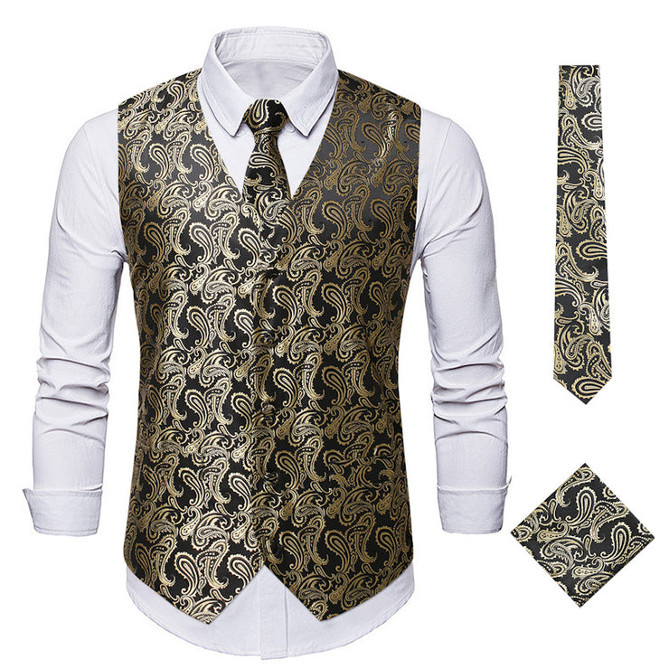 Men's 3Pc Paisley Waistcoat Set with Necktie Pocket Square | Victorian Steampunk Embroidered Vest | Formal Business Attire loveyourmom Love Your Mom Black Gold 2XL 