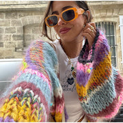 Rainbow Striped Plaid Cardigan Sweater, Colorful Fashion Streetwear Jacket, Multicolor Boho Knit Chunky Sweater, Trendy Copenhagen nordic Sweater 1 1   