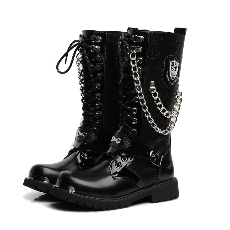 Men's Punk Style Motorcycle Boots Men Mid-calf Military Combat Boot Lace Up Metal Chain Retro Gothic London Style Boots 1 1 Black Cotton Tulle 38 