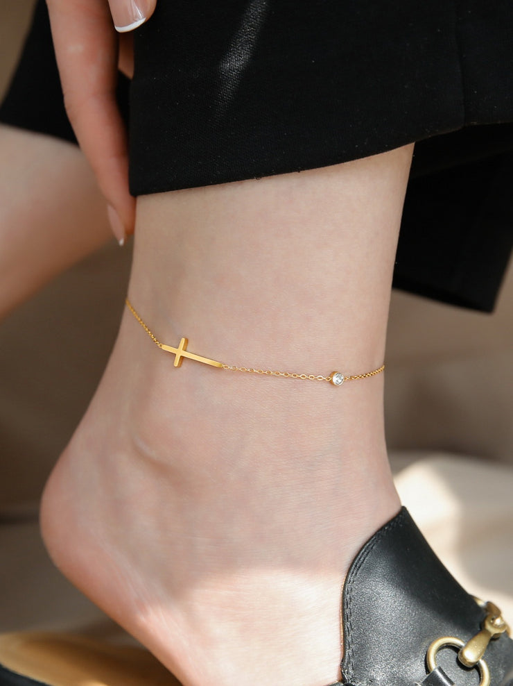 Gold Plated Cross Zircon Bracelet Anklet Set, Christian Religious Jewelry, Delicate Dainty Fashion Bracelet for Her, Wife Birthday Gift 1 1   
