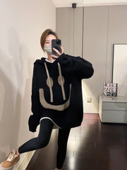 Cute Oversized Smiley Face Hooded Sweater, Festival Outdoor Warm Oversized Top loveyourmom Love Your Mom Black Average Size 