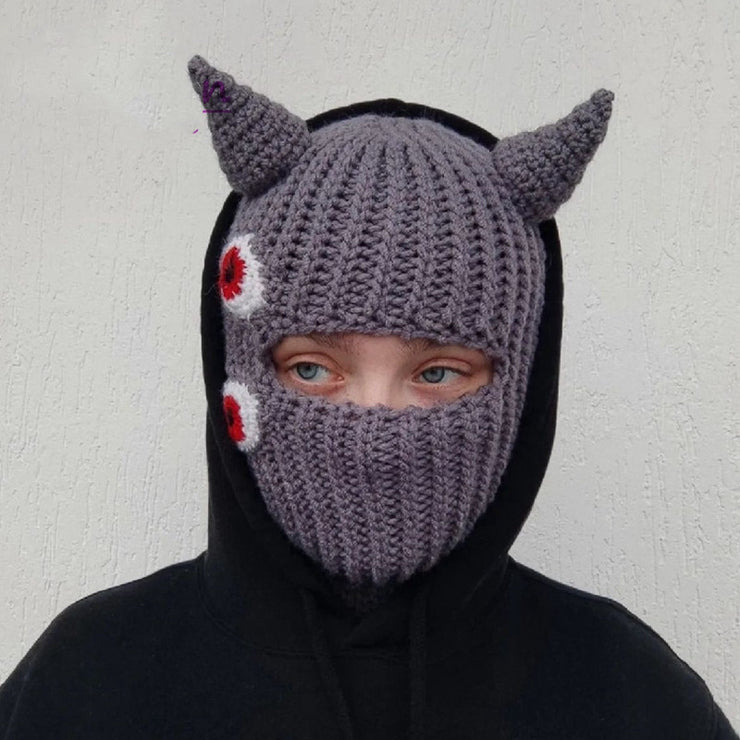 Cute Funny Ski Mask, Horns Creative Knitted Hat Beanies Warm Full Face Cover 1 1 Grey Adult 57to 59cm 