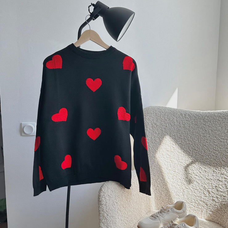 Cute Hearts Pullover Sweater, Soft Cozy Plus Size Sweater, Loose Fit Winter Sweater, Casual Warm Streetwear Sweater, Round Neck Sweater Top loveyourmom Love Your Mom Black Red Heart L 