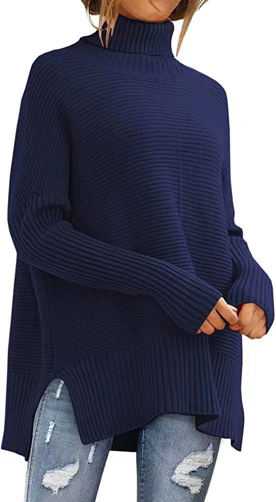 Cozy Women's Oversized Turtleneck Sweater, Fall Batwing Sleeve Ribbed Tunic Sweater loveyourmom Love Your Mom Navy Blue L 
