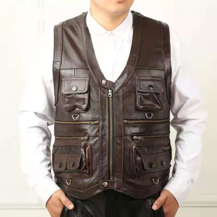 Men Genuine Leather Vest Brown, Multi Pocket Zipper Waistcoat, Thick Motorcycle Plus Size Sleeveless Jacket Vest Cowhide loveyourmom Love Your Mom   