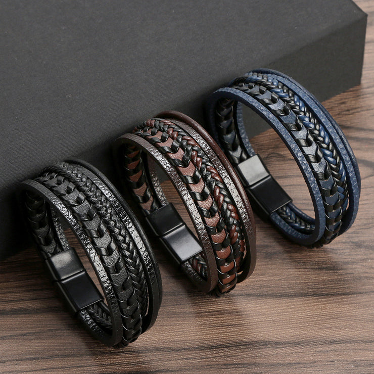 Mens Vintage Cowhide Braided Multilayer Leather Bracelet with Stainless Steel Magnetic Clasp,Leather Rope Woven Bracelet 1 1   