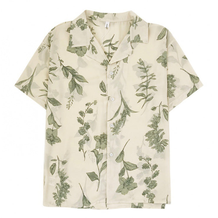 Chiffon Botanical Plant Button Up Shirt ,Casual Wear Retro Short Sleeve Blouse Women Shirts Elegant loveyourmom Love Your Mom Green L 