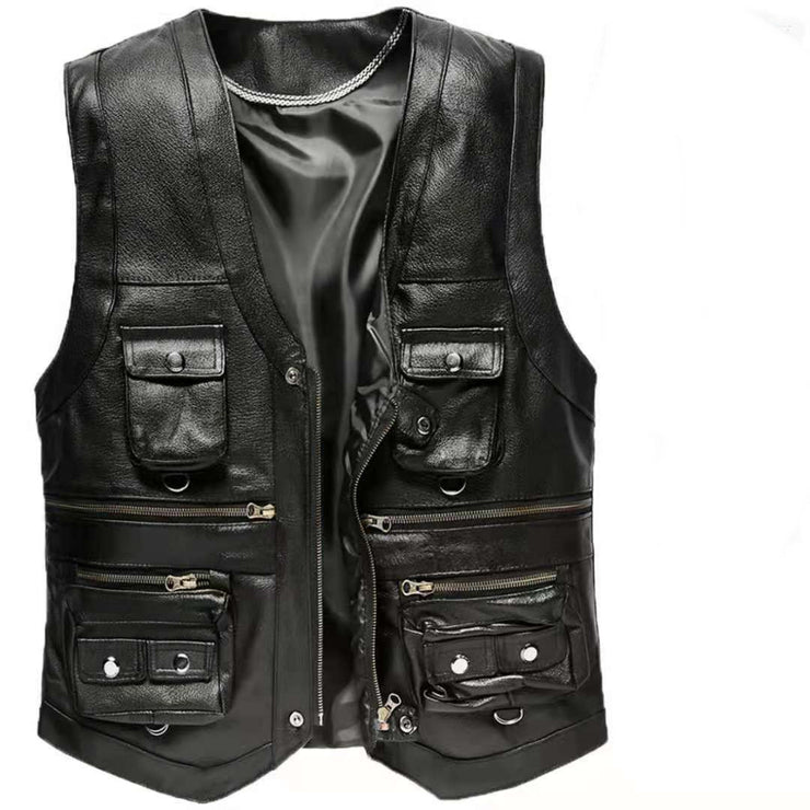 Men Genuine Leather Vest Brown, Multi Pocket Zipper Waistcoat, Thick Motorcycle Plus Size Sleeveless Jacket Vest Cowhide loveyourmom Love Your Mom Brown leather journalist suit 2XL 