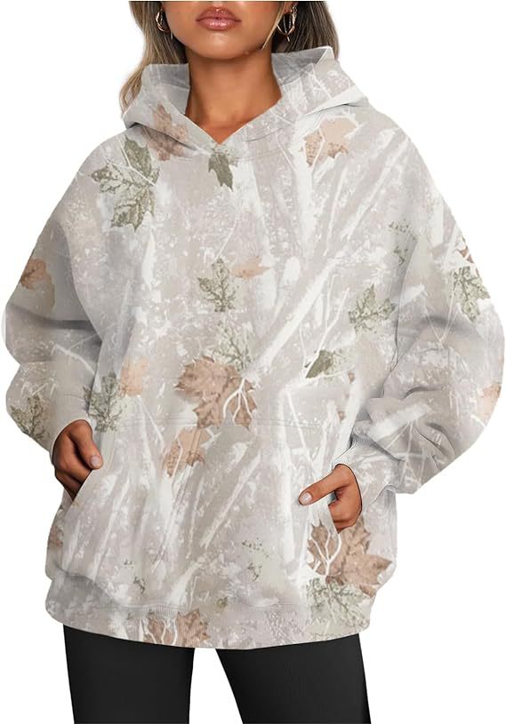 Floral Maple Leaf Graphic Hoodies for Women, Oversized Hooded Sweatshirt Long Sleeve Casual Pullover Hide Belly Workout Tops with Pocket loveyourmom Love Your Mom Color 1 White Leaves L 