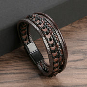 Mens Vintage Cowhide Braided Multilayer Leather Bracelet with Stainless Steel Magnetic Clasp,Leather Rope Woven Bracelet 1 1 Brown 23cm  