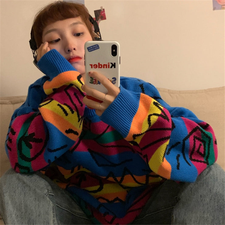 Chic Retro Rainbow striped knitted Sweater,  Oversized Loose Pull Femme Graffiti Neck Long Sleeve Patch Pullover loveyourmom Love Your Mom Rainbow colors L 