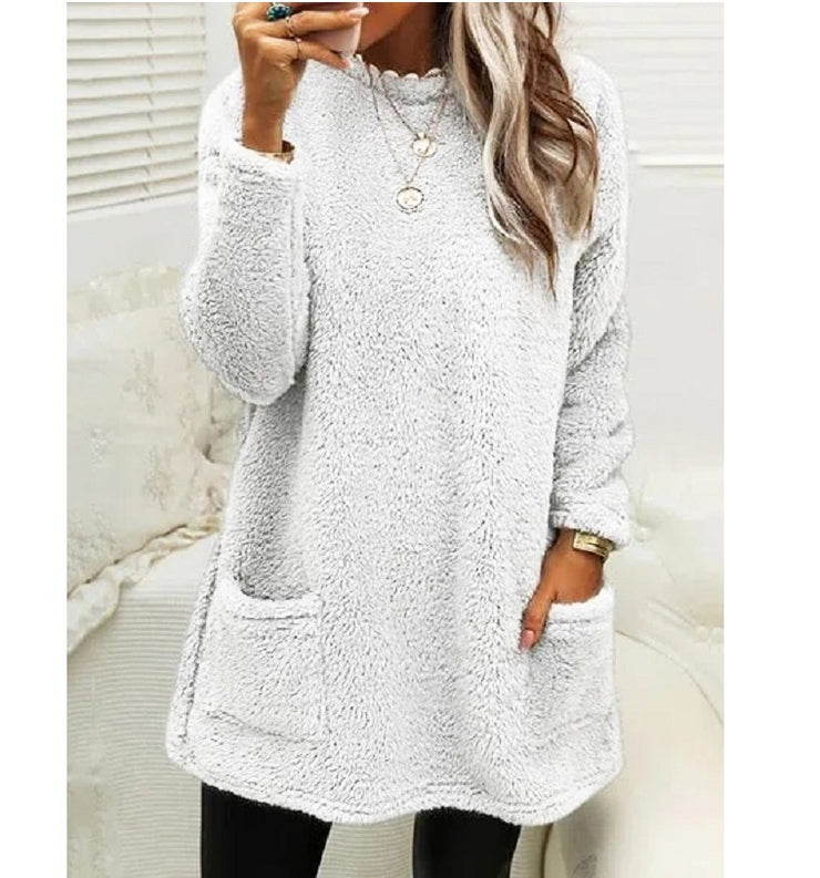 Women's Fleece Pullover Long Sweater With Pockets Winter Warm Casual Long Sleeve Plush Tops loveyourmom Love Your Mom White L 