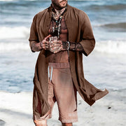 Beach Attire Men Solid Long Sleeve Shirt Cloak Button cotton and linen  - Black, sky blue, brown 1 1 Brown L 