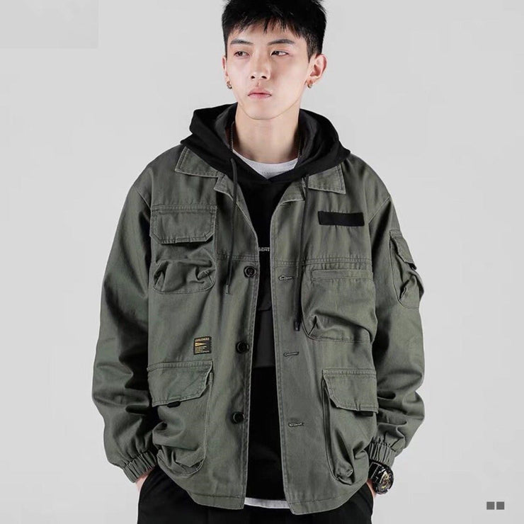 Army Green Men Jackets, Korean Style Techwear Tooling Jacket. Hip Hop Multi-Pockets Loose Plus Velvet Thick Cotton 1 1   