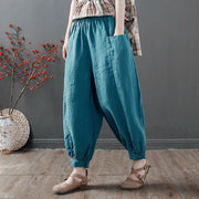 Women loose stone washed linen harem pants, summer cotton linen tapered pants, retro elastic waist cotton linen wide leg pants 1 1 Blue 2XL 
