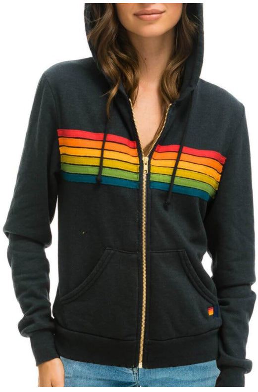 European And American Women's Casual Rainbow Sweater Jacket loveyourmom Love Your Mom Black 2XL 