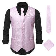 Men's 3Pc Paisley Waistcoat Set with Necktie Pocket Square | Victorian Steampunk Embroidered Vest | Formal Business Attire loveyourmom Love Your Mom Light Pink 2XL 